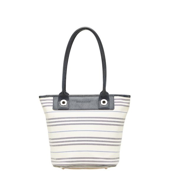 Burberry Border Tote Bag Handbag Ivory Navy Canvas Leather Women's BURBERRY - Picture 1 of 12